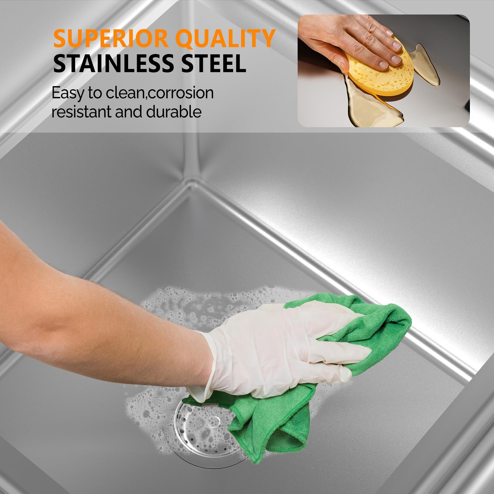 ROVSUN 60" x 24" 3 Compartment 304 Stainless Steel Sink with Backsplash