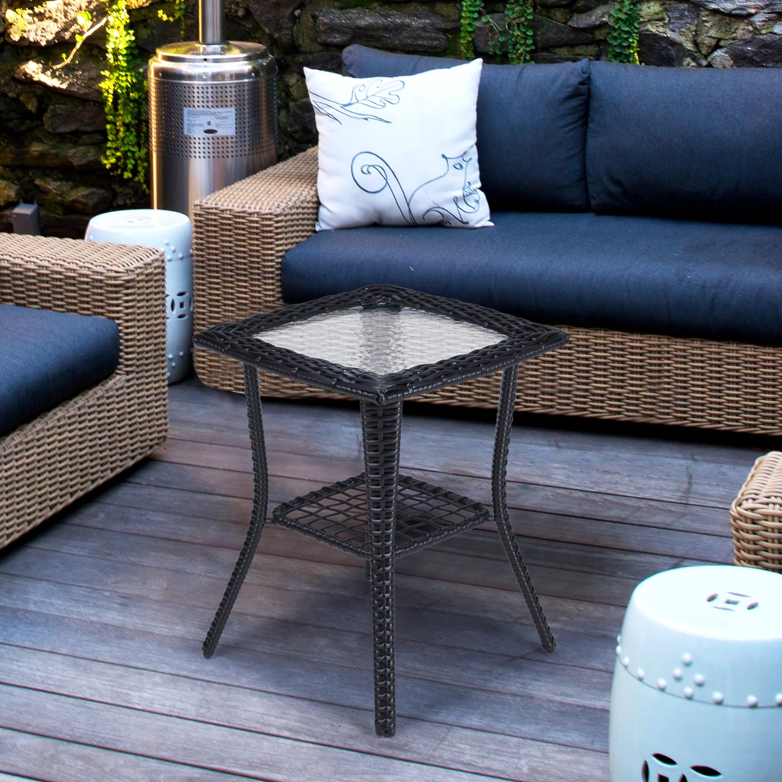 Outdoor Wicker Side Table with Tempered Glass Top Black