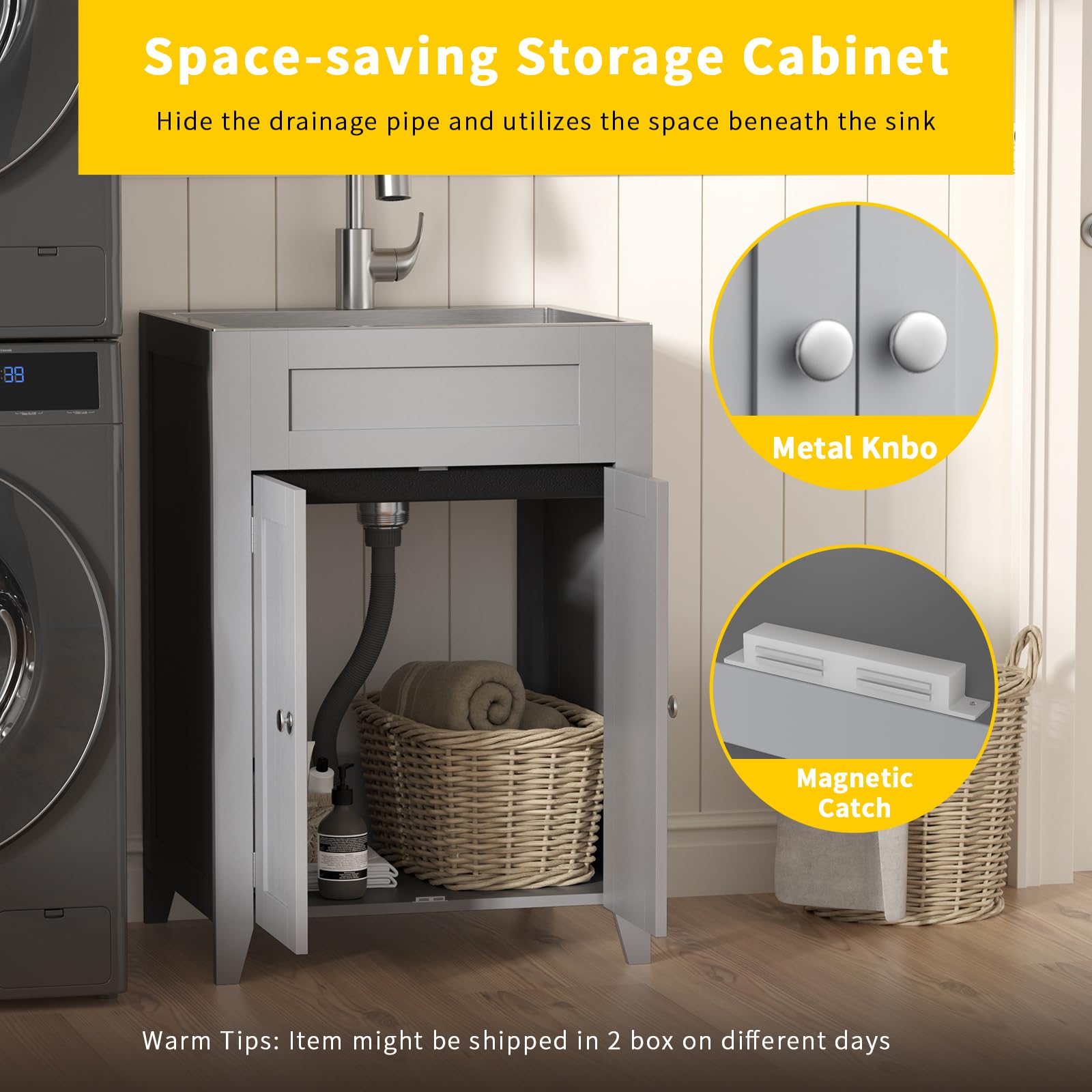 ROVSUN 24" x 20" Utility Sink with Cabinet for Kitchen Laundry Room Grey