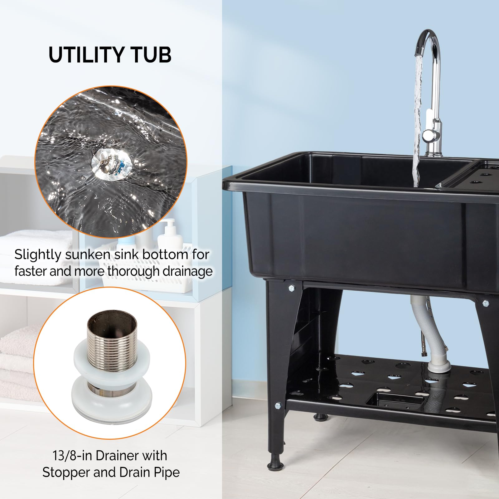 ROVSUN 32" x 22" Utility Sink Laundry Tub with Faucet & Shelf & Drainboard Black