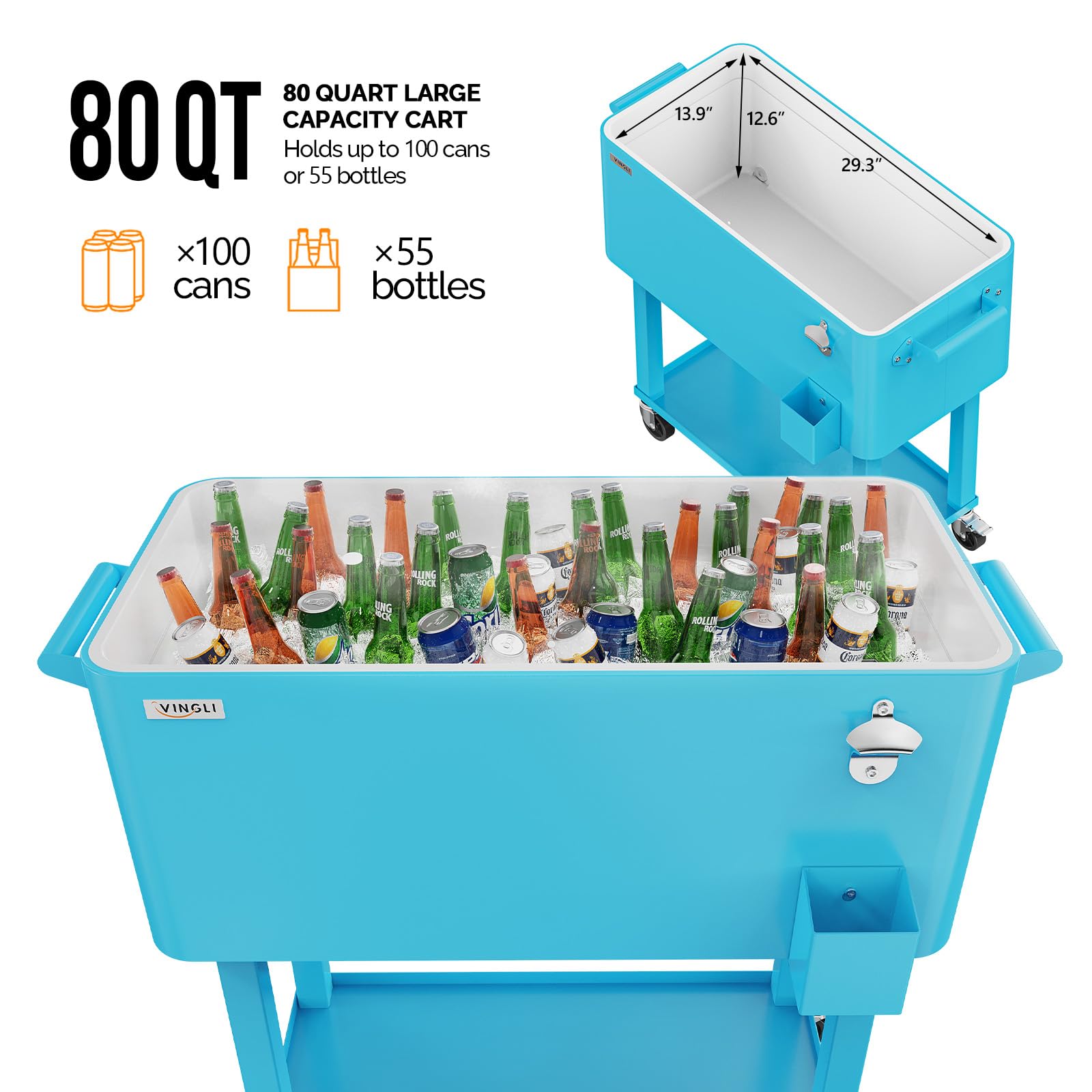 80 Quart Portable Outdoor Patio Rolling Cooler Cart Light Blue