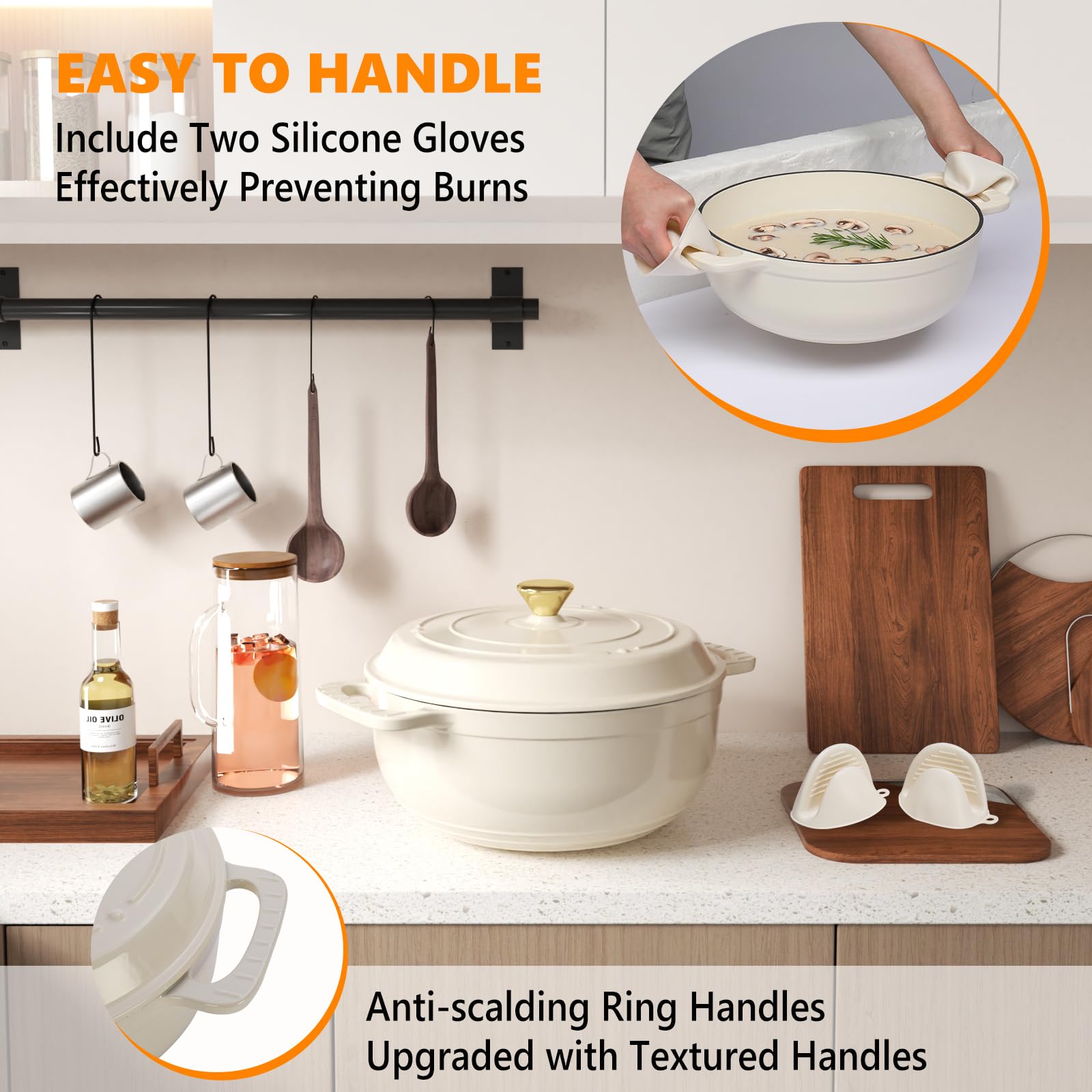 ROVSUN 7.5 QT Enameled Cast Iron Round Dutch Oven Cream White