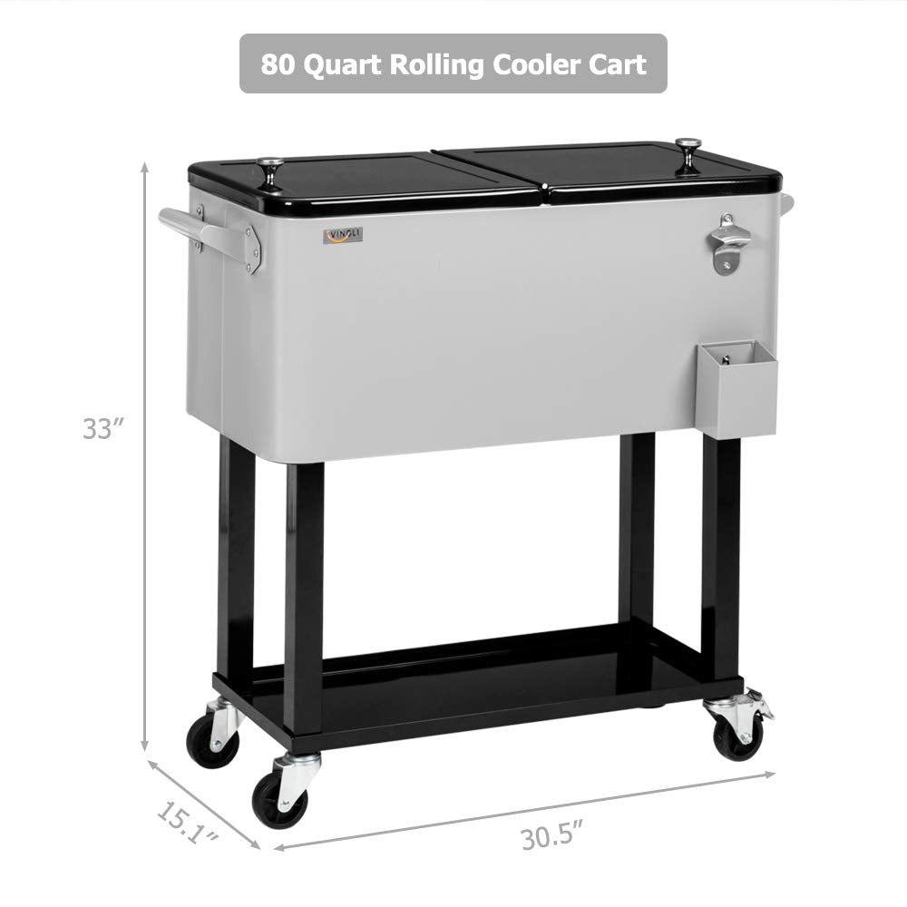80 Quart Portable Outdoor Patio Rolling Cooler Cart Grey