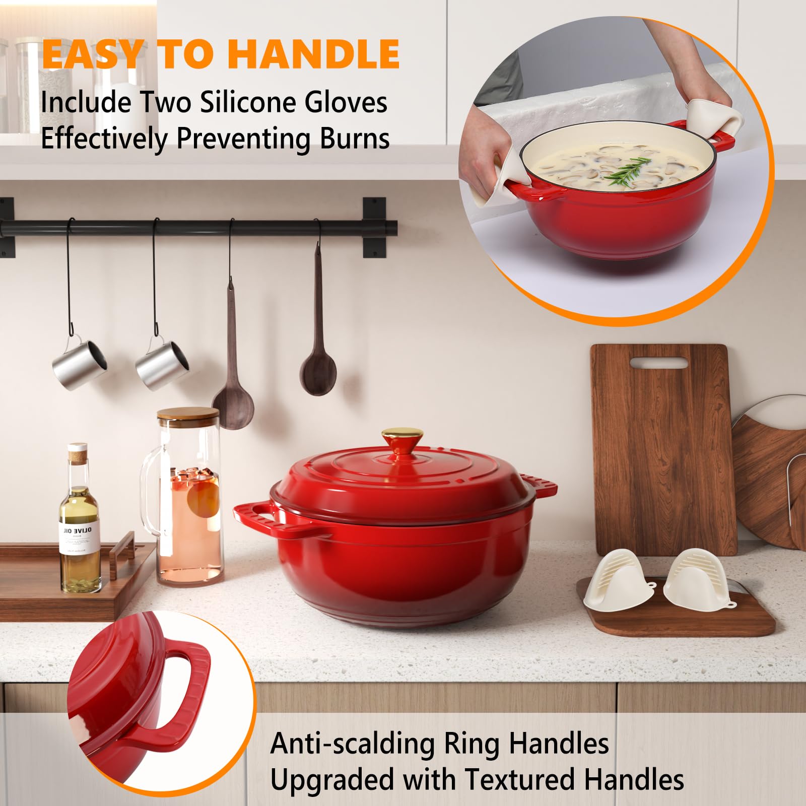 ROVSUN 7.5 QT Enameled Cast Iron Round Dutch Oven Red