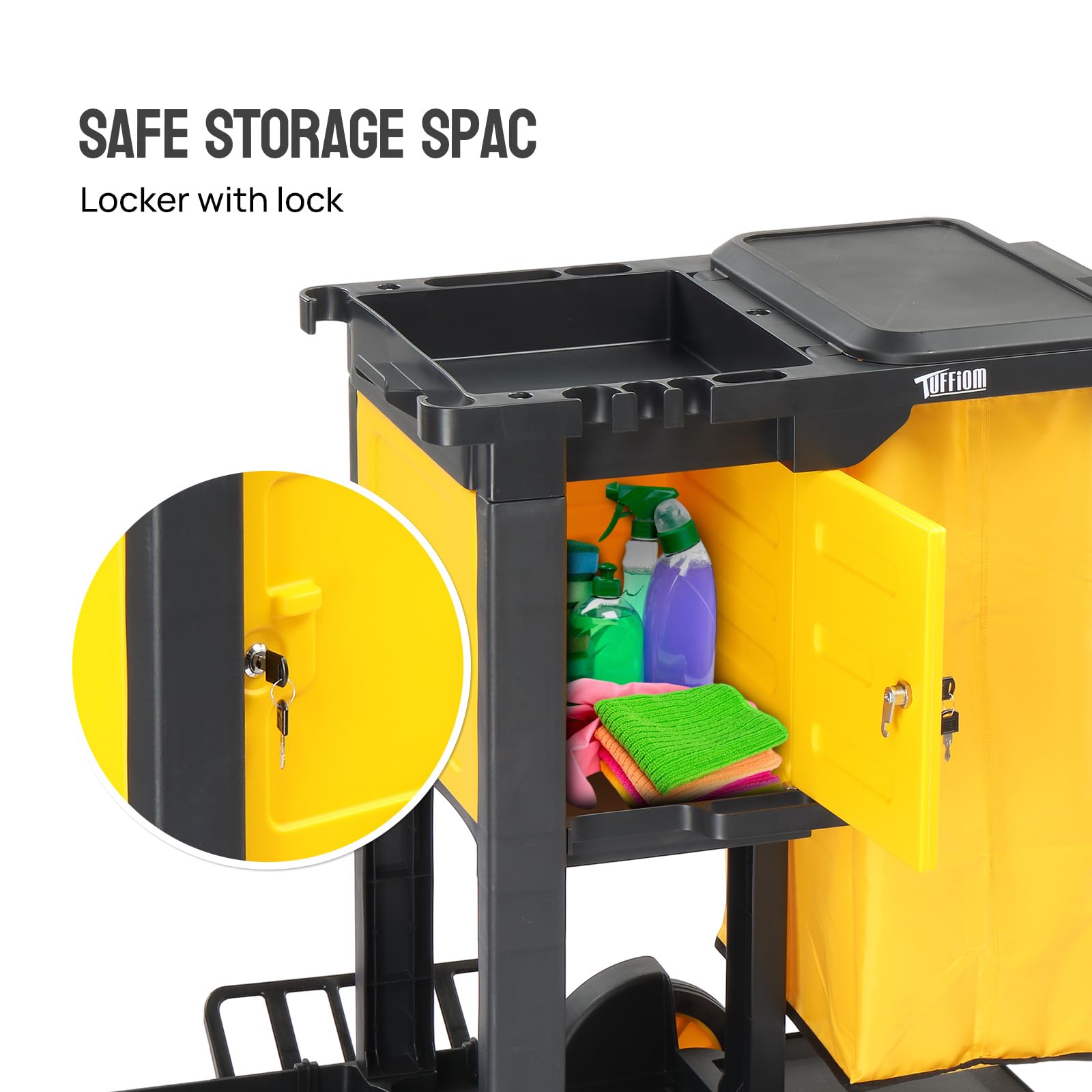 3-Tier 500 LBS Capacity Janitorial Cart with Locker & 15 Gallon Bag Black