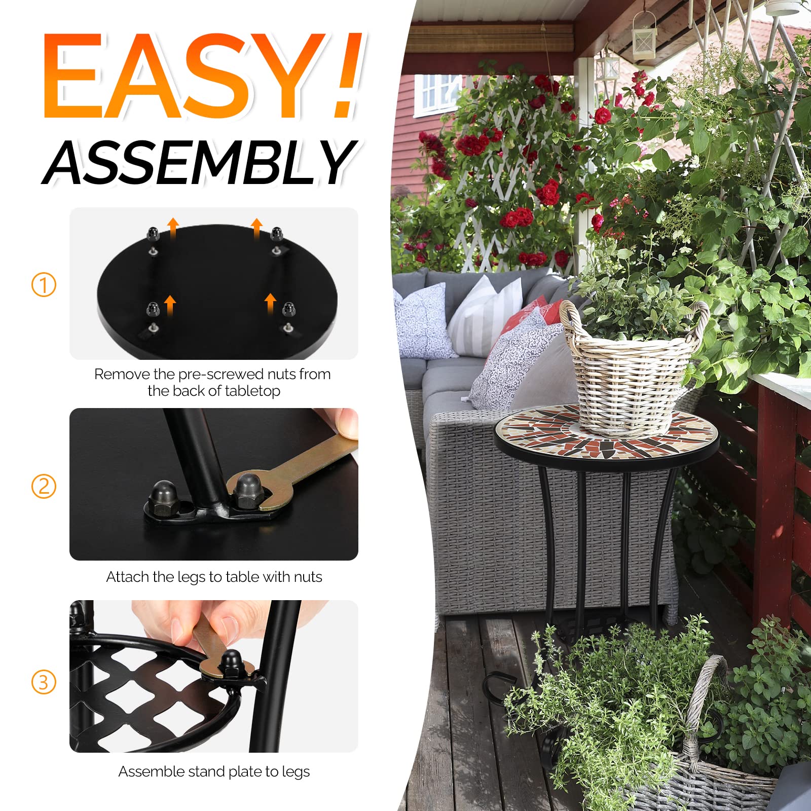 14" Round Mosaic Outdoor Side Table Brown Flower