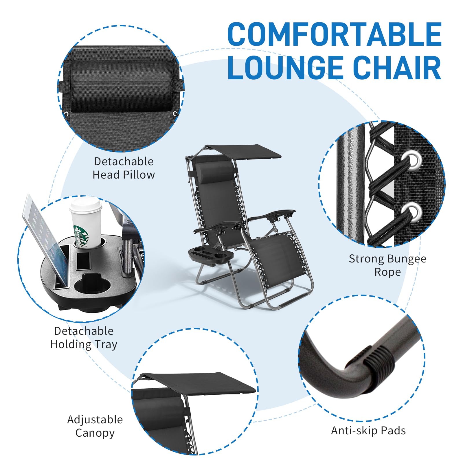 Outdoor Folding Zero Gravity Lounge Chair with Canopy Black