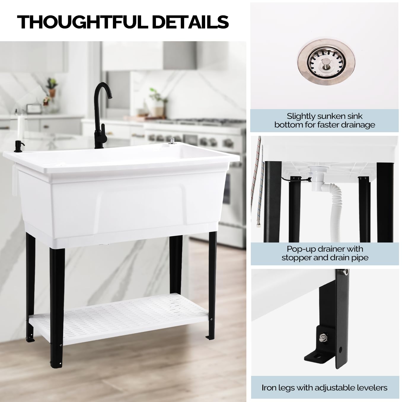 ROVSUN 40" X 24" Heavy Duty Plastic Laundry Tub with Storage Shelf White