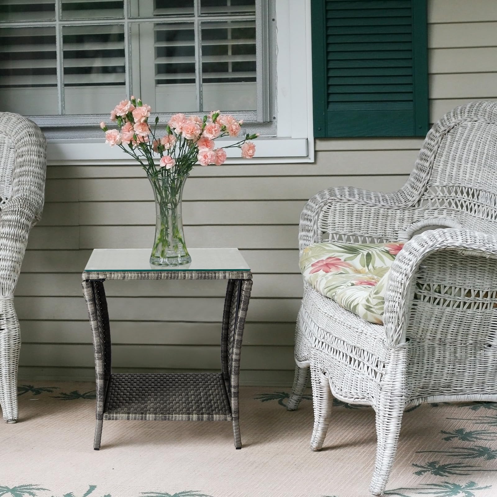 Outdoor Wicker Side Table with Storage Grey