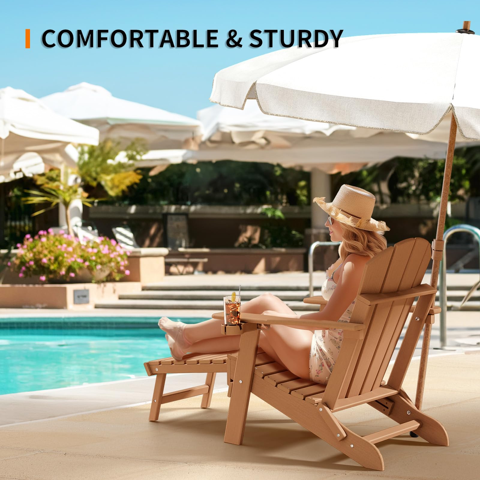 Plastic Folding HDPE Adirondack Chairs with Retractable Footrest Teak