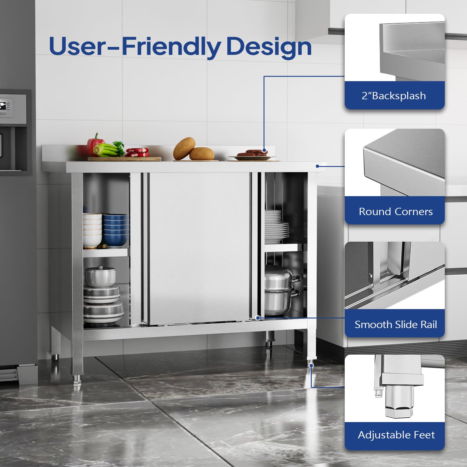 ROVSUN 39" x 19" Stainless Steel Table with Cabinet & Backsplash