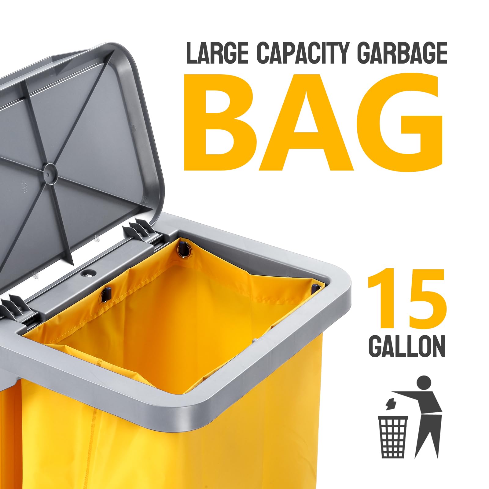 3-Tier 500 LBS Capacity Janitorial Cart with Locker & 15 Gallon Bag Grey