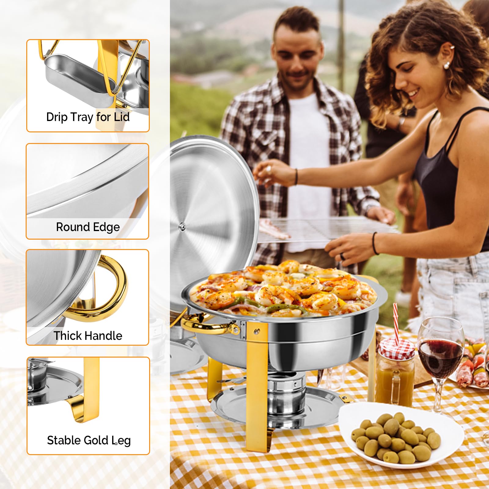ROVSUN 5 QT Round Gold Chafing Dish Buffet Set with Stainless Steel Lid Holder