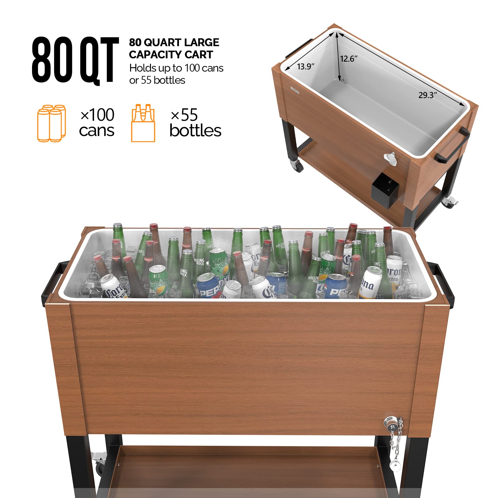 80 Quart Portable Outdoor Patio Rolling Cooler Cart Brown