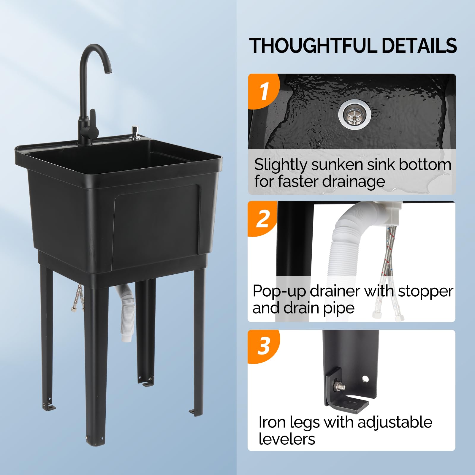 ROVSUN 20" X 19" Plastic Utility Sink Freestanding with Faucet Black