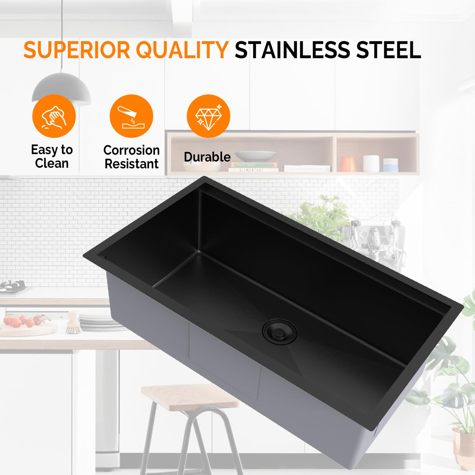 ROVSUN 33" x 19" Undermount Stainless Steel Sink for Kitchen Black