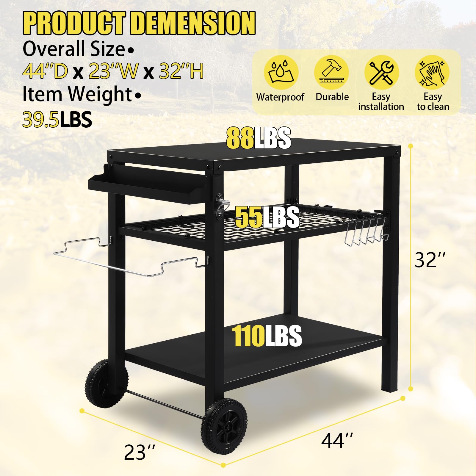 ROVSUN 44" Outdoor Grill Cart with Mesh Racks Black