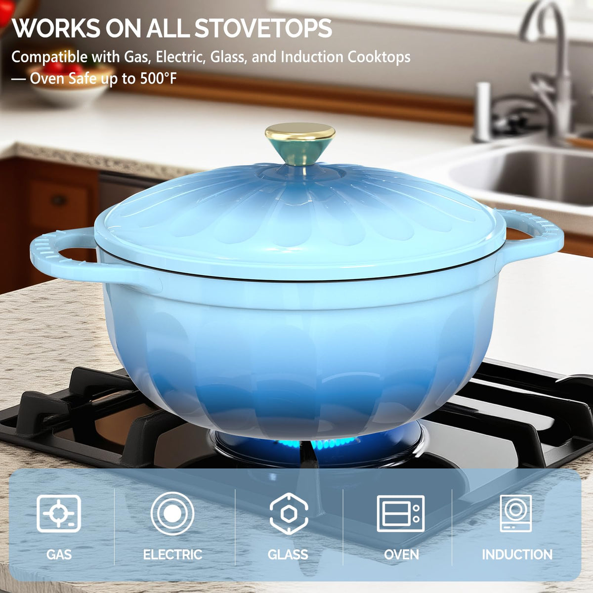 ROVSUN 7.5 QT Enameled Cast Iron Round Dutch Oven Blue Gradient