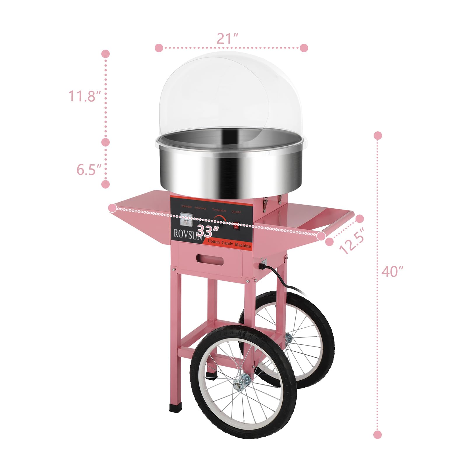 ROVSUN 21" 980W 110V Cotton Candy Machine Cart with Bowl & Cover Pink
