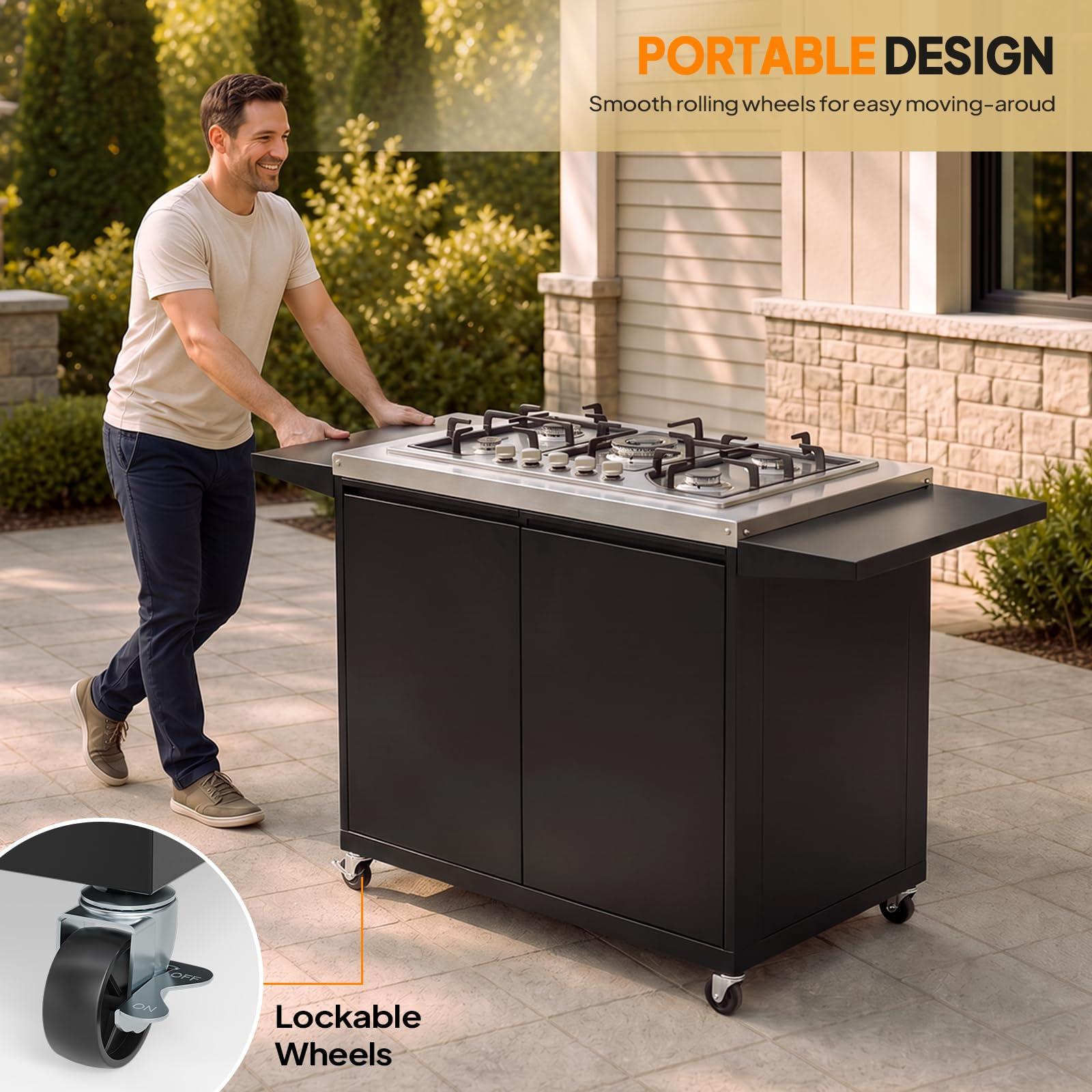 ROVSUN 5 Burner Propane Stove with Storage Cabinet & Side Shelves