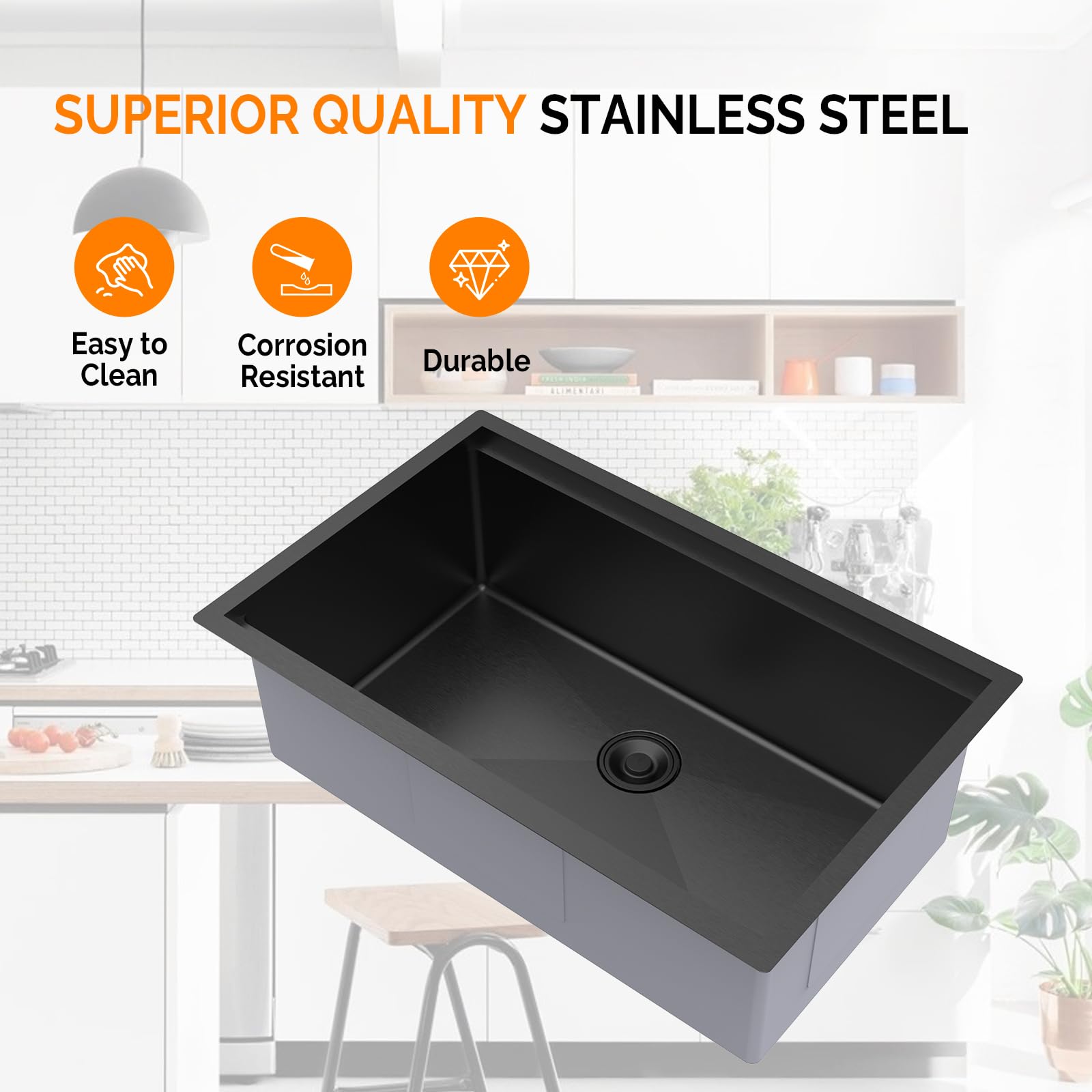 ROVSUN 30" x 19" Undermount Stainless Steel Sink for Kitchen Black