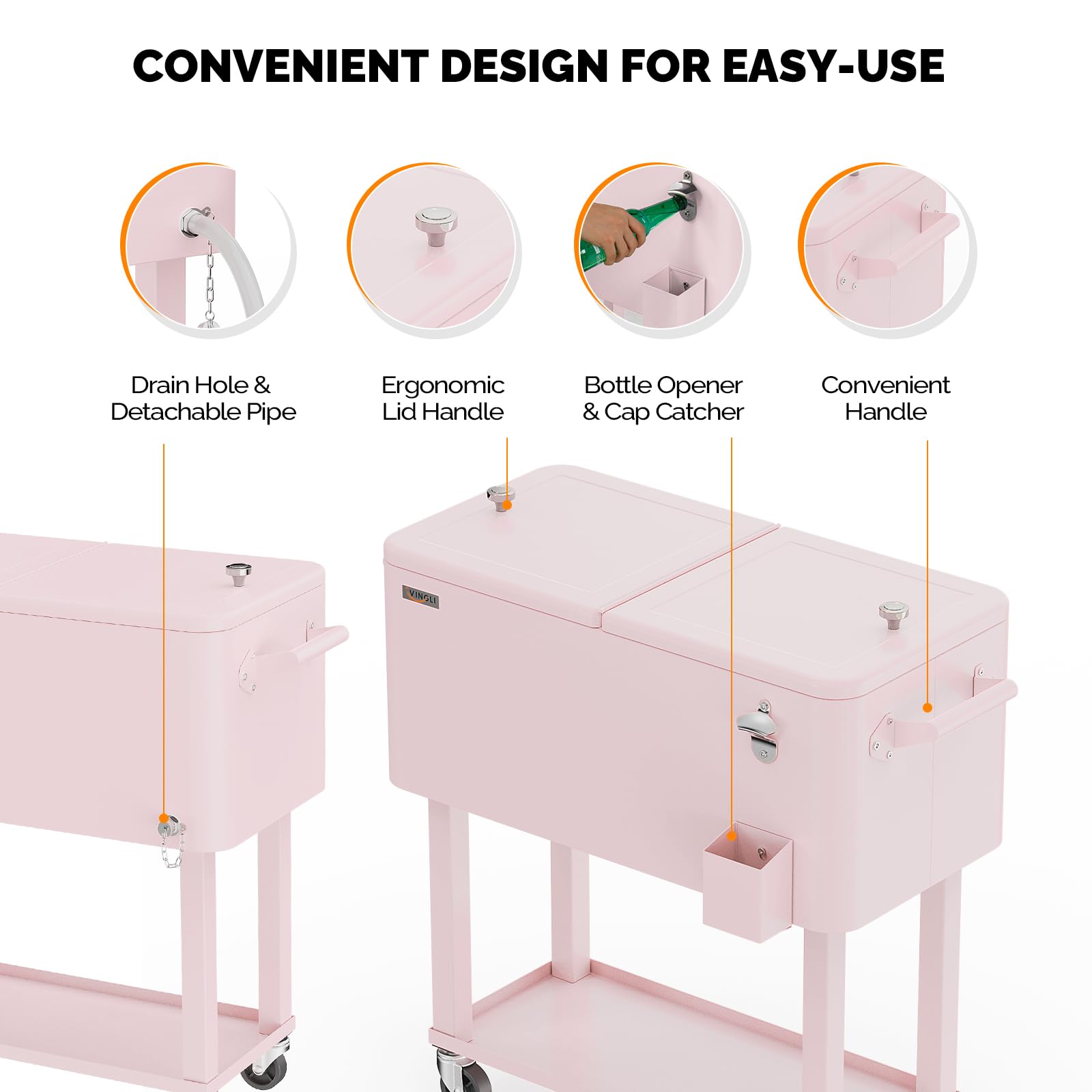 80 Quart Portable Outdoor Patio Rolling Cooler Cart Pink