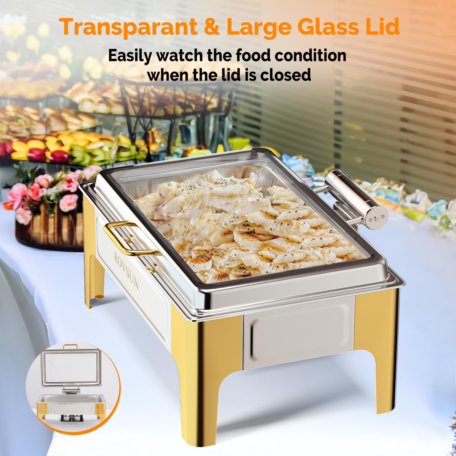 ROVSUN 9 QT Rectangular Silver-Gold Chafing Dish Buffet Set with Serving Tong