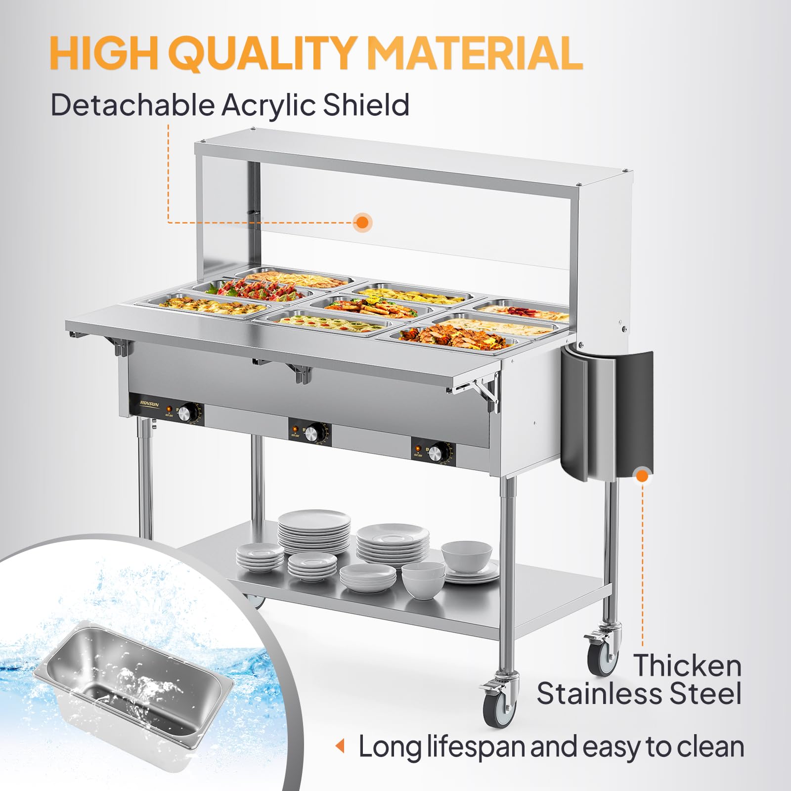 ROVSUN 72 QT 9-Pan Electric Steam Table with Independent Temp Control
