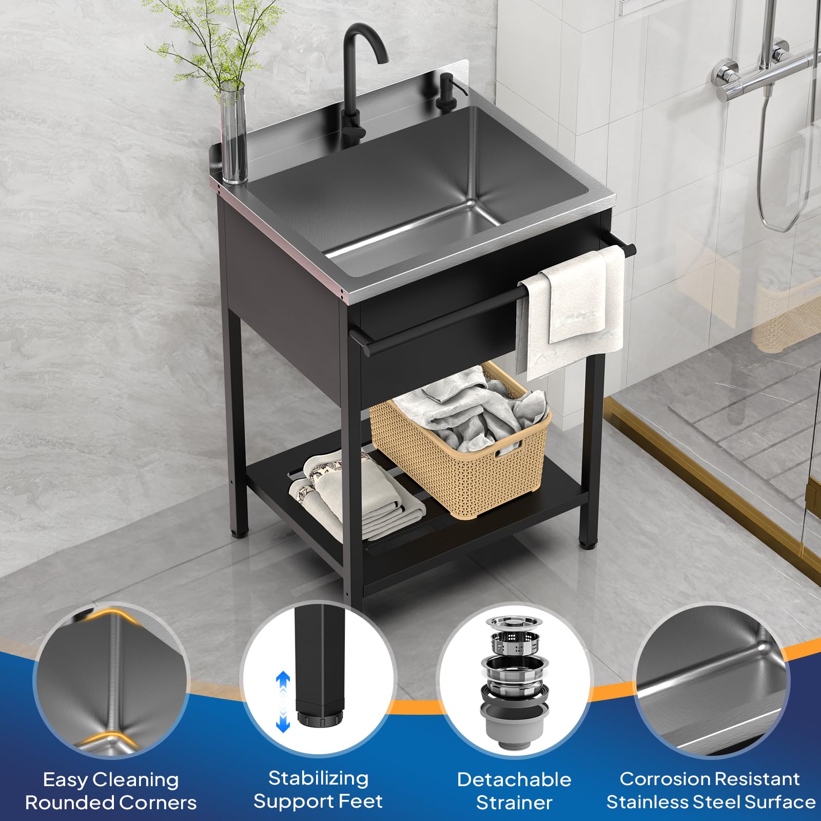 ROVSUN 26" x 21" Stainless Steel Utility Sink with Towel Rack