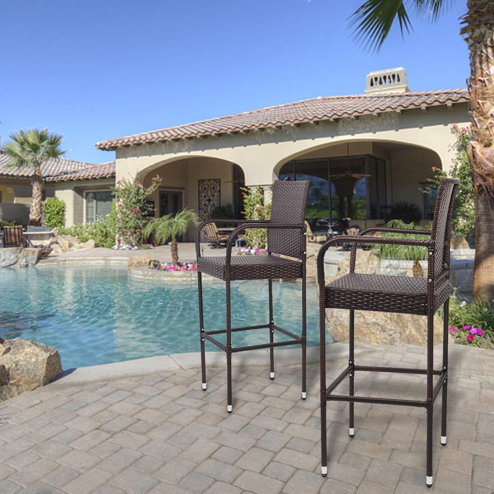 Outdoor Wicker Bar Stools Set with Armrest