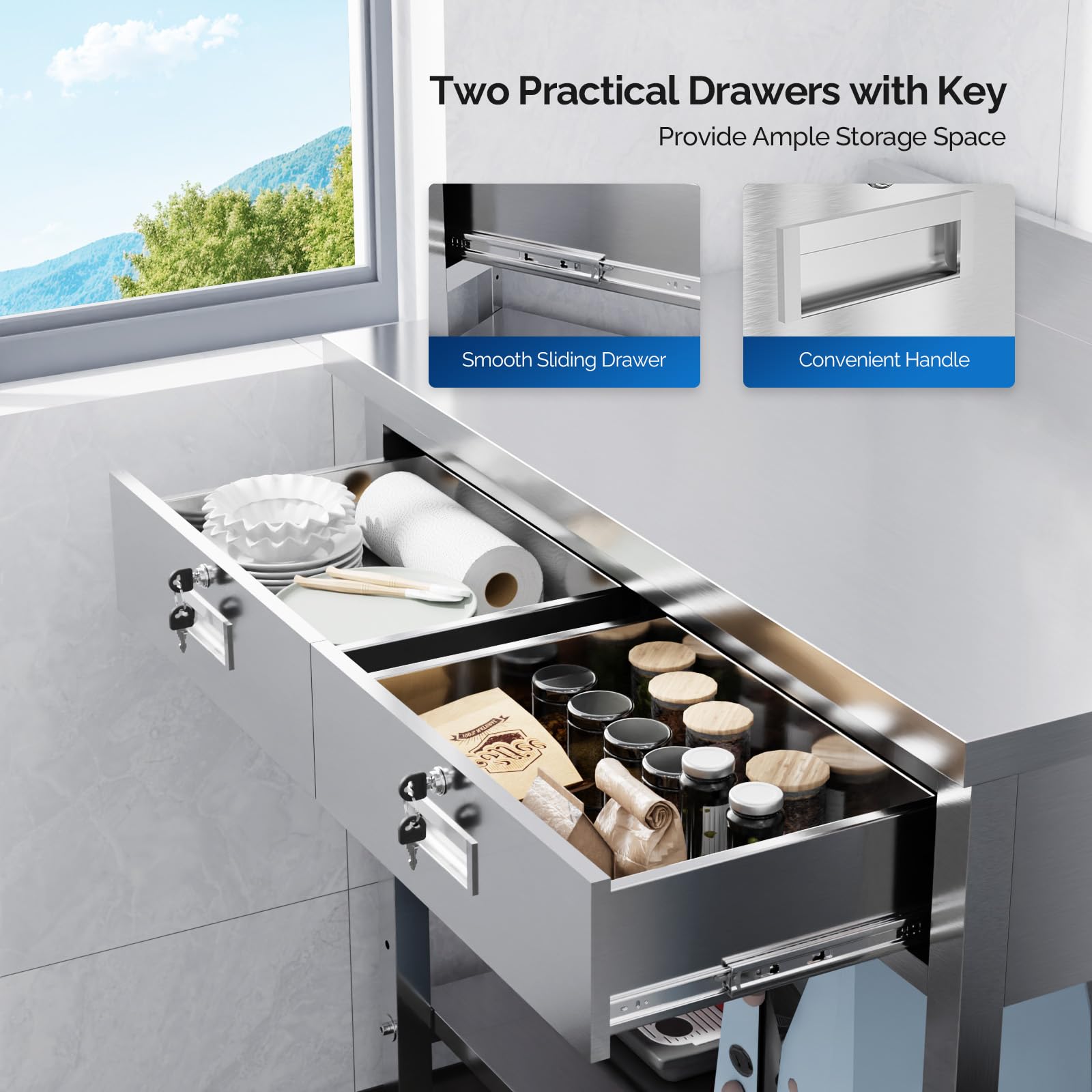 ROVSUN 42" x 26" Stainless Steel Kitchen Work Table with 2 Drawers