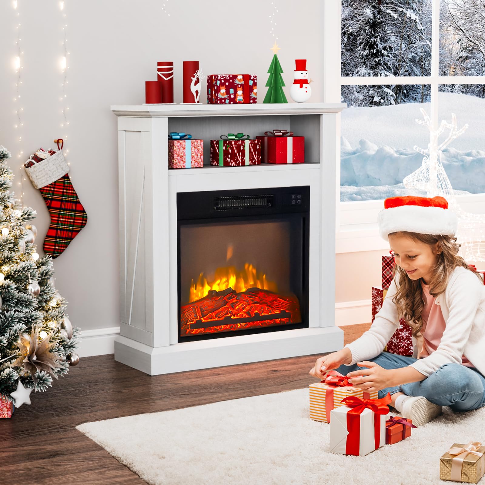 ROVSUN 30'' High 1400W 120V Electric Fireplace with Mantel & Remote