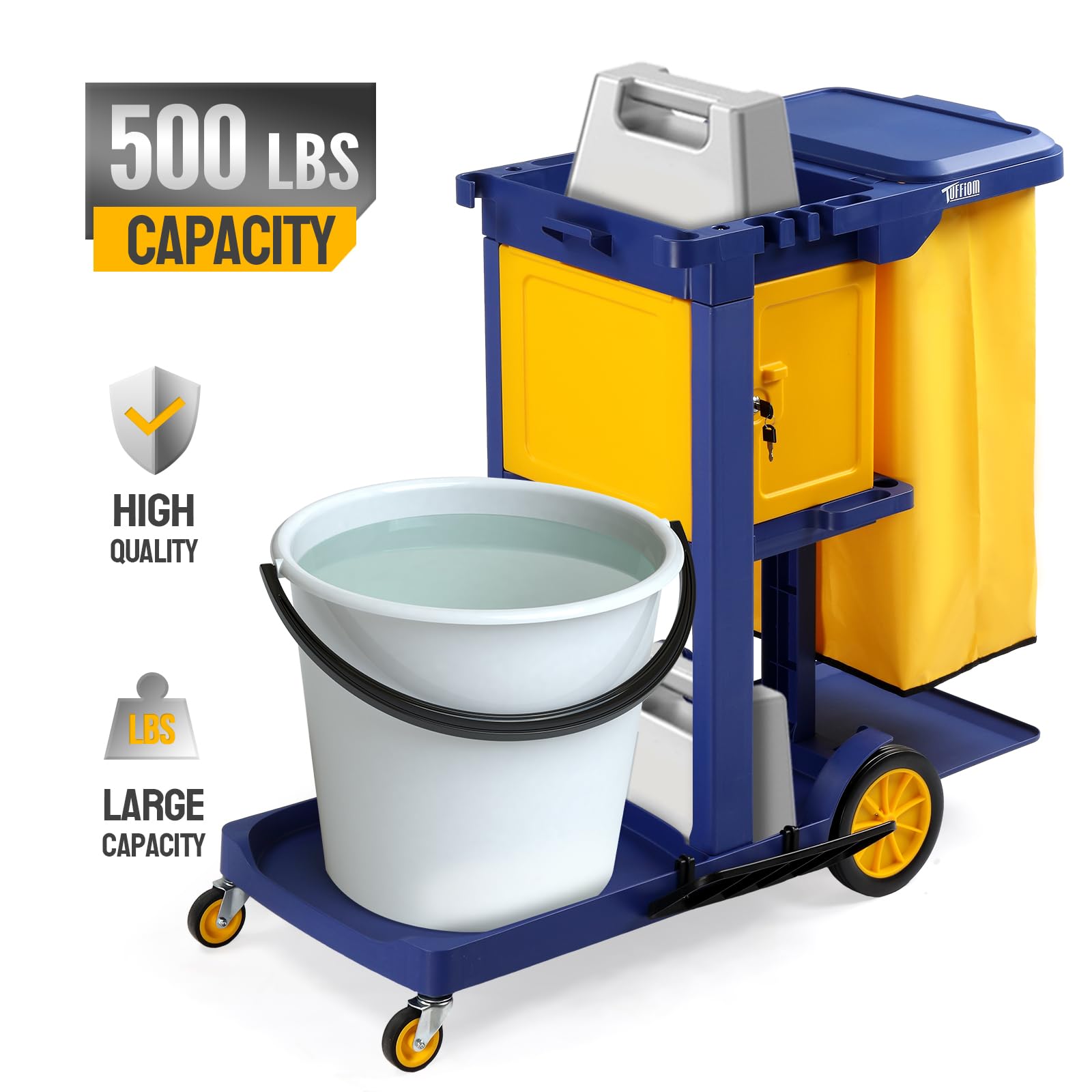 3-Tier 500 LBS Capacity Janitorial Cart with Locker & 15 Gallon Bag Blue
