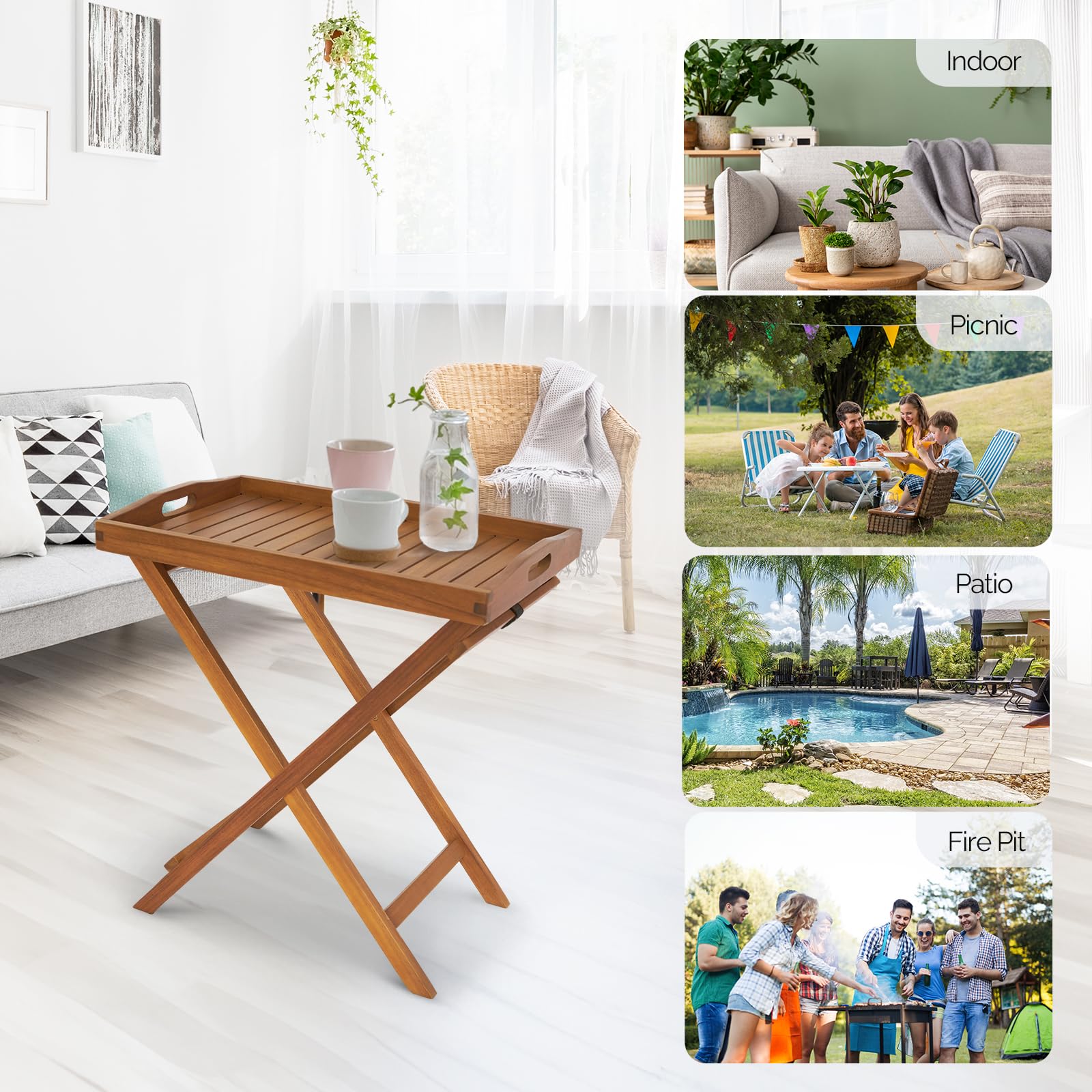 26" FSC Acacia Wooden Folding Table with Removable Tray