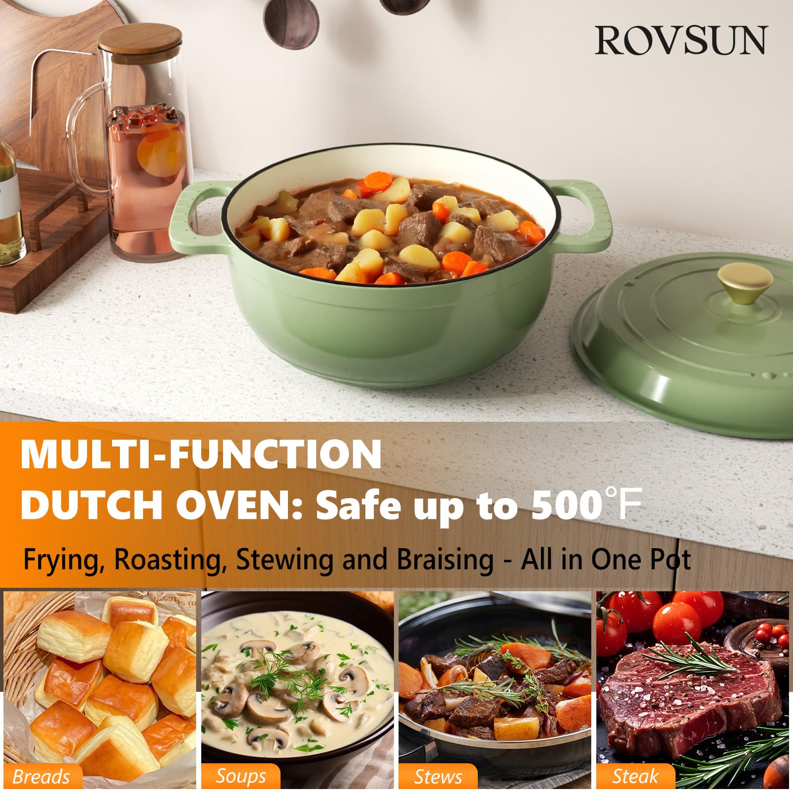 ROVSUN 6 QT Enameled Cast Iron Round Dutch Oven Sage Green
