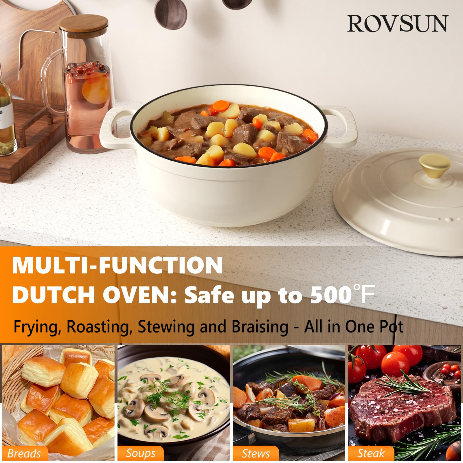 ROVSUN 6 QT Enameled Cast Iron Round Dutch Oven Cream White