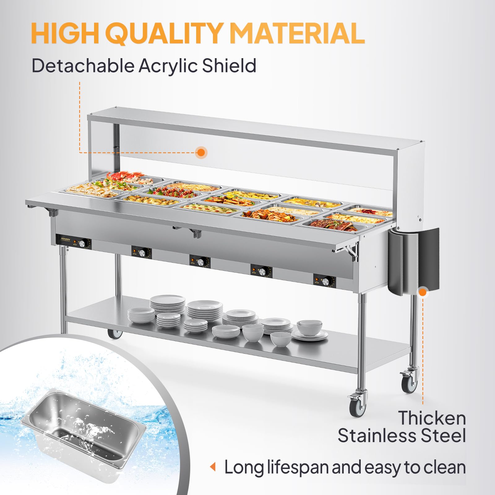 ROVSUN 120 QT 15-Pan Electric Steam Table with Independent Temp Control