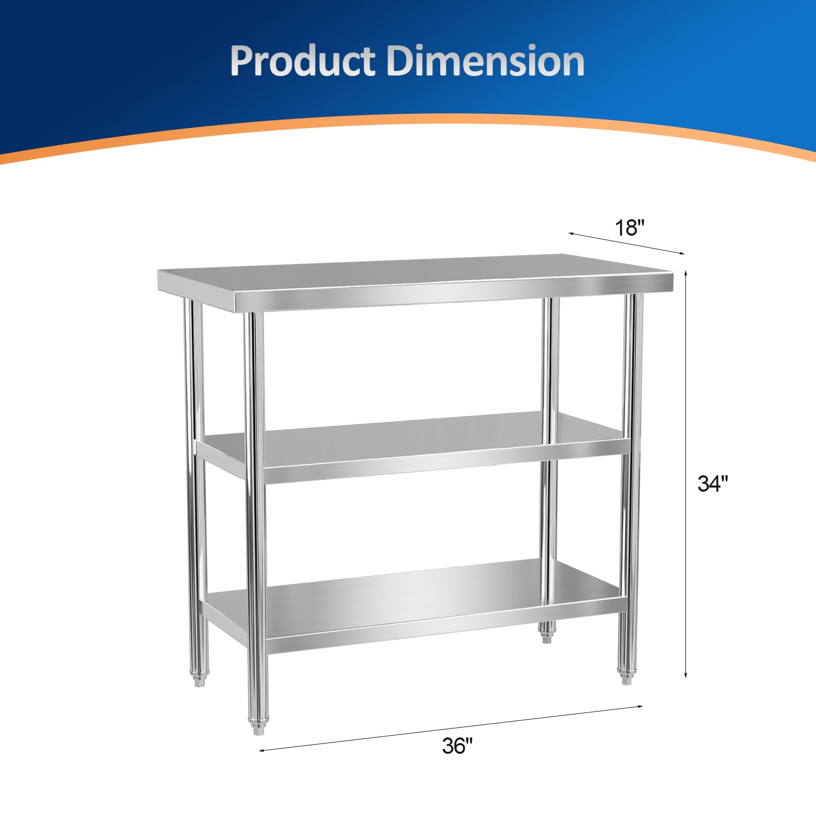 ROVSUN 36" x 18" Stainless Steel Table with 2 Shelves