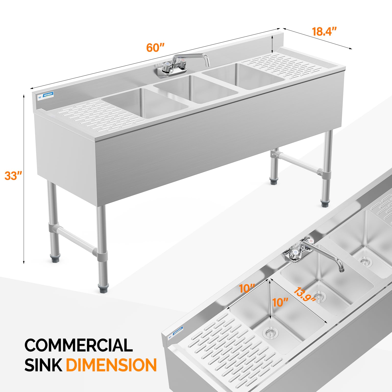 ROVSUN 60" x 18" 3 Bowl Underbar Sink with Faucet & 2 Drainboards