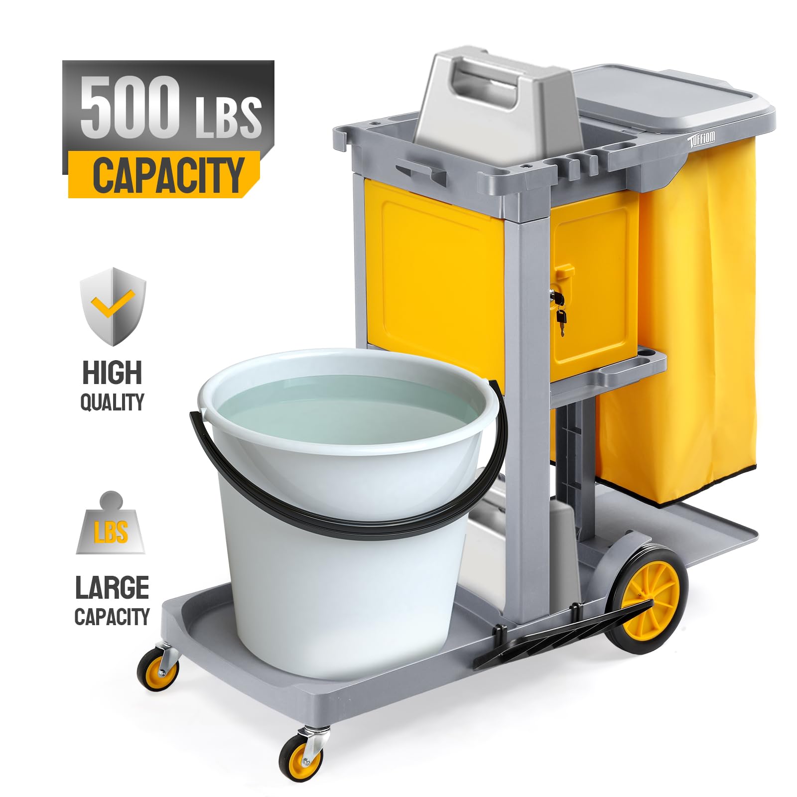 3-Tier 500 LBS Capacity Janitorial Cart with Locker & 15 Gallon Bag Grey