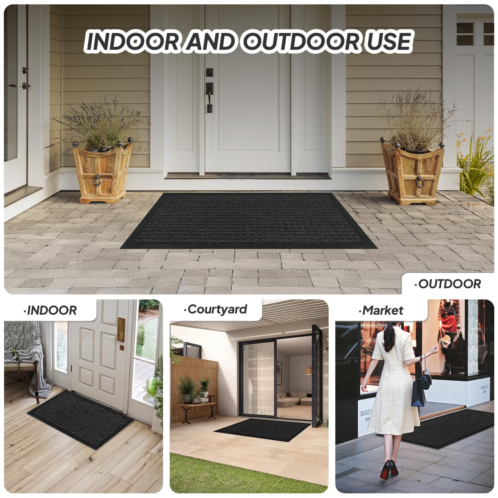 ROVSUN 35.4" × 23.6" Front Door Mat with Square Pattern Non-Slip Grey