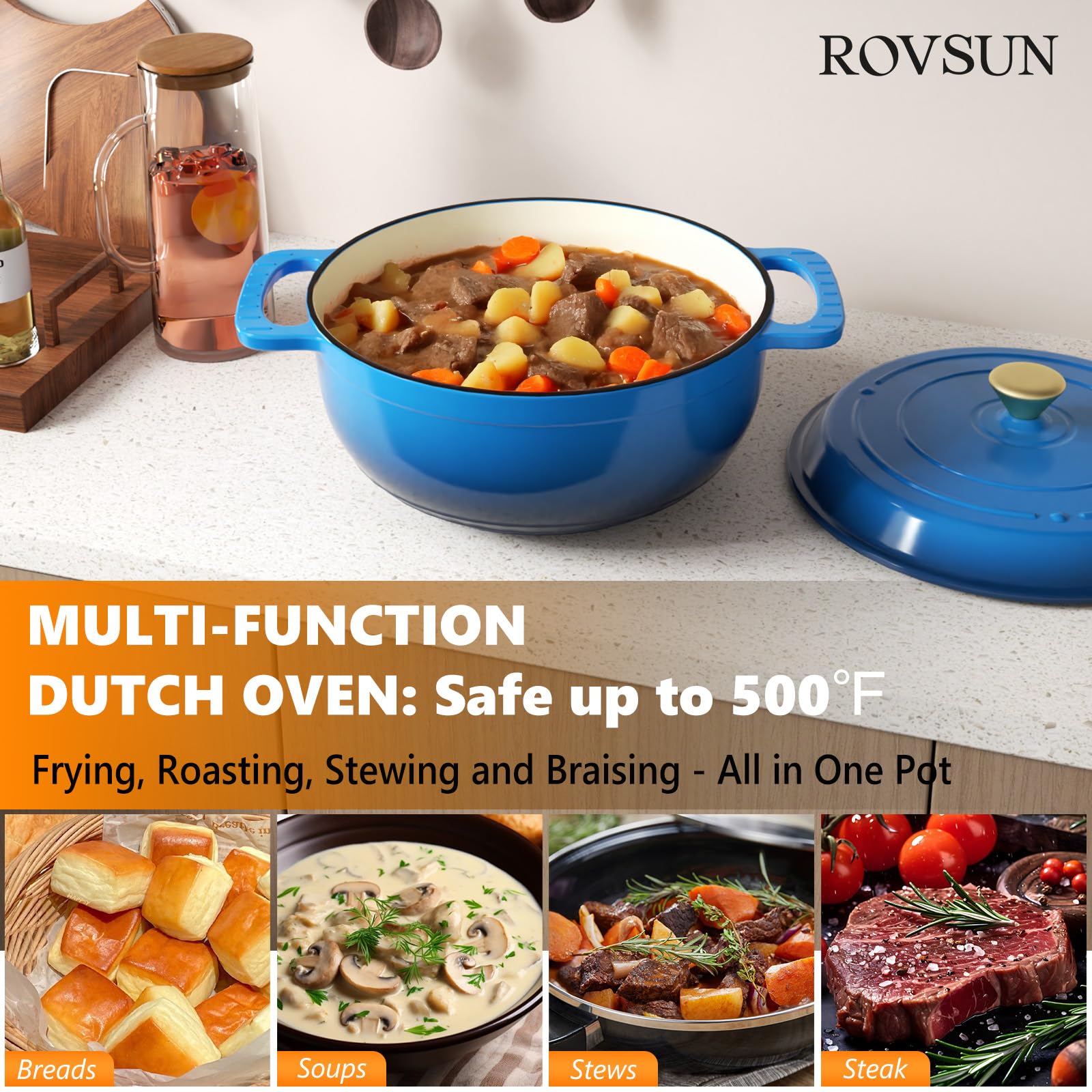 ROVSUN 6 QT Enameled Cast Iron Round Dutch Oven Blue