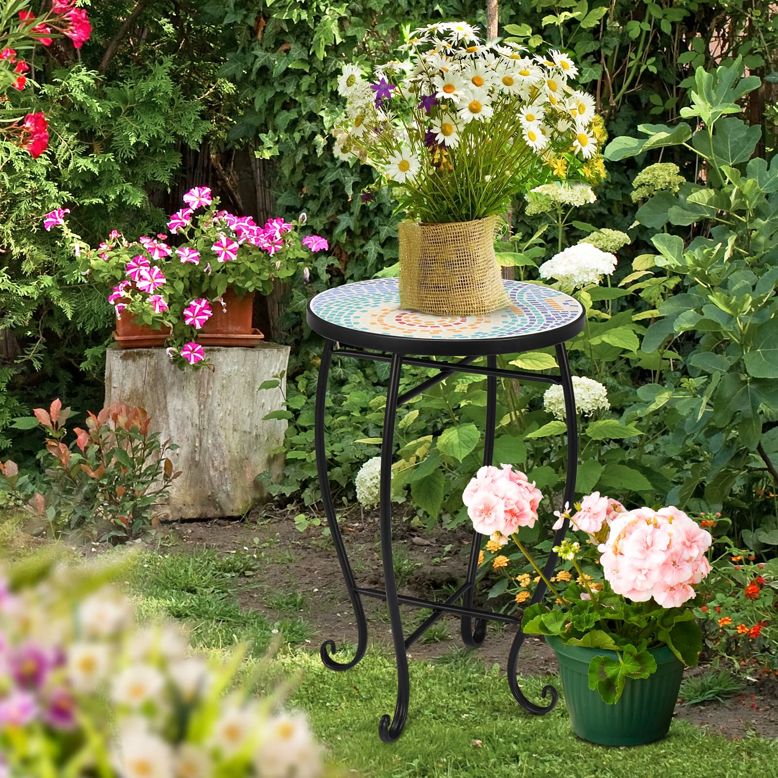 14" Round Mosaic Outdoor Side Table Blue Hawaii