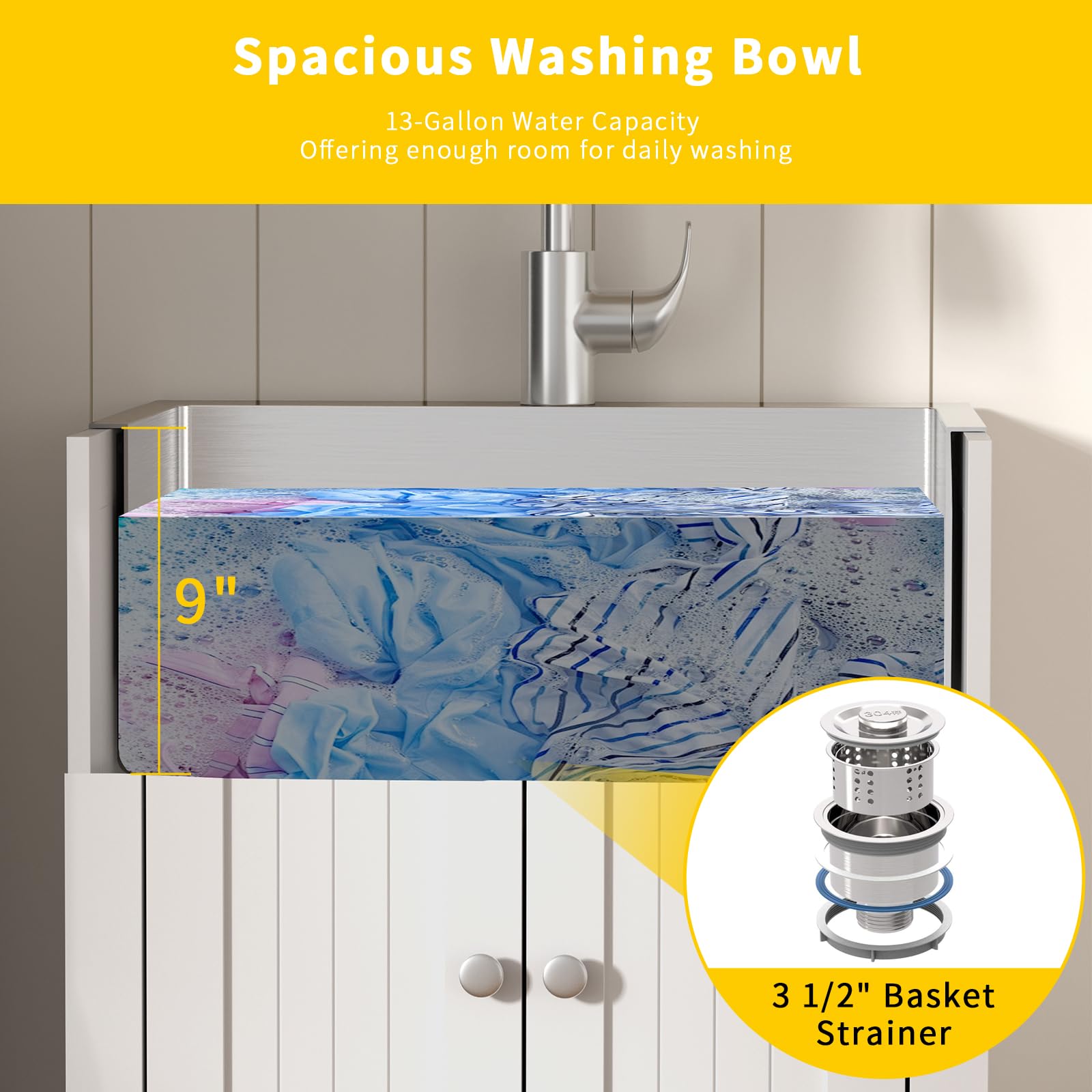 ROVSUN 24" x 20" Utility Sink with Cabinet and Drawer for Kitchen Laundry Room White