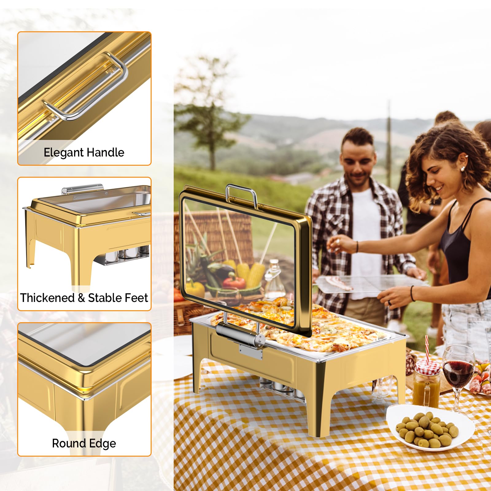 ROVSUN 9 QT Rectangle Gold Chafing Dish Buffet Set with Serving Tong