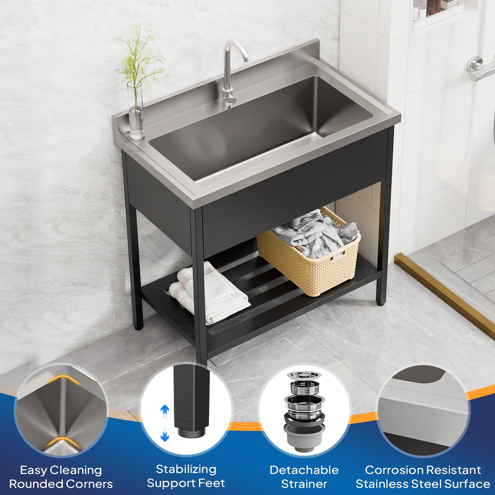 ROVSUN 36" x 20" Stainless Steel Utility Sink with Faucet