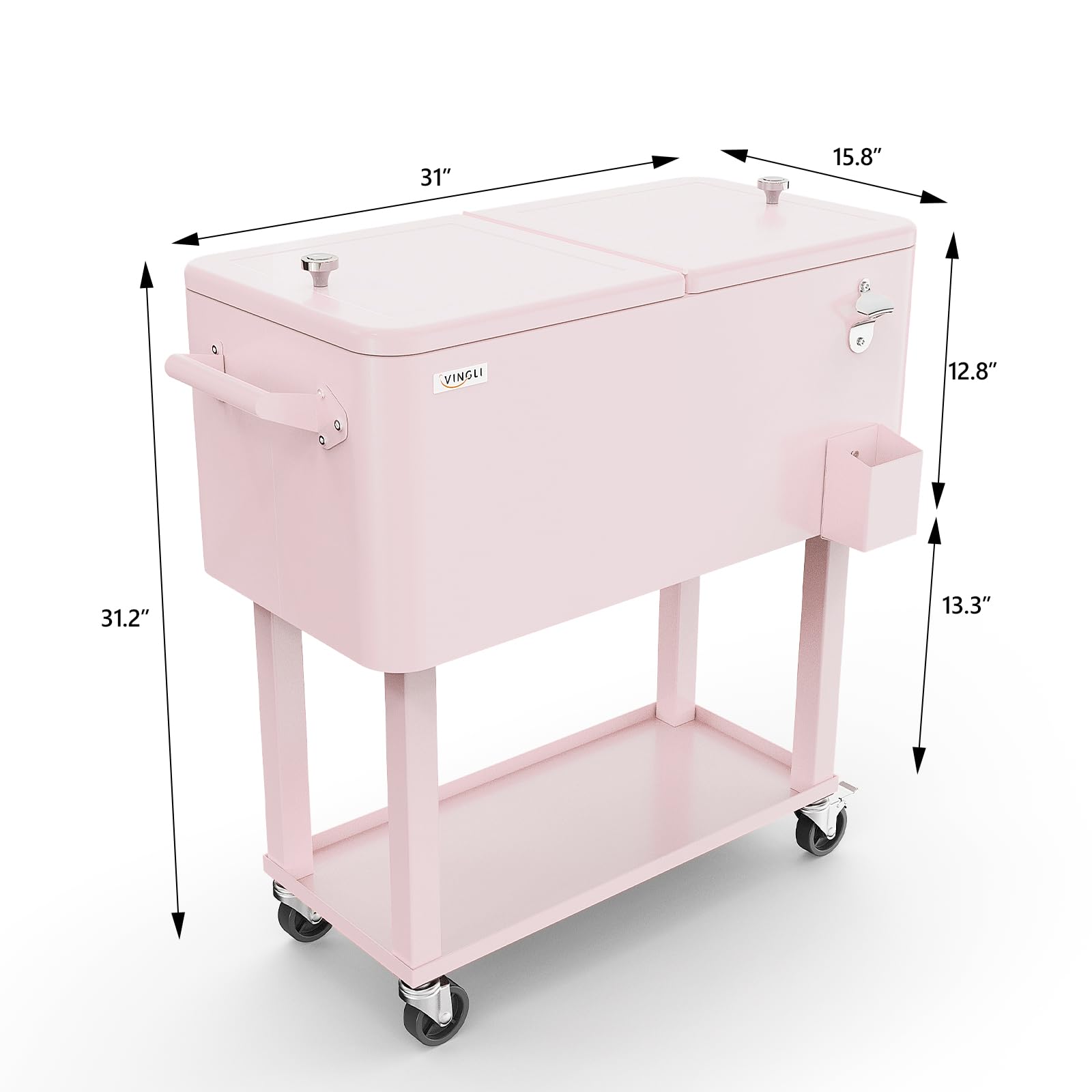 80 Quart Portable Outdoor Patio Rolling Cooler Cart Pink