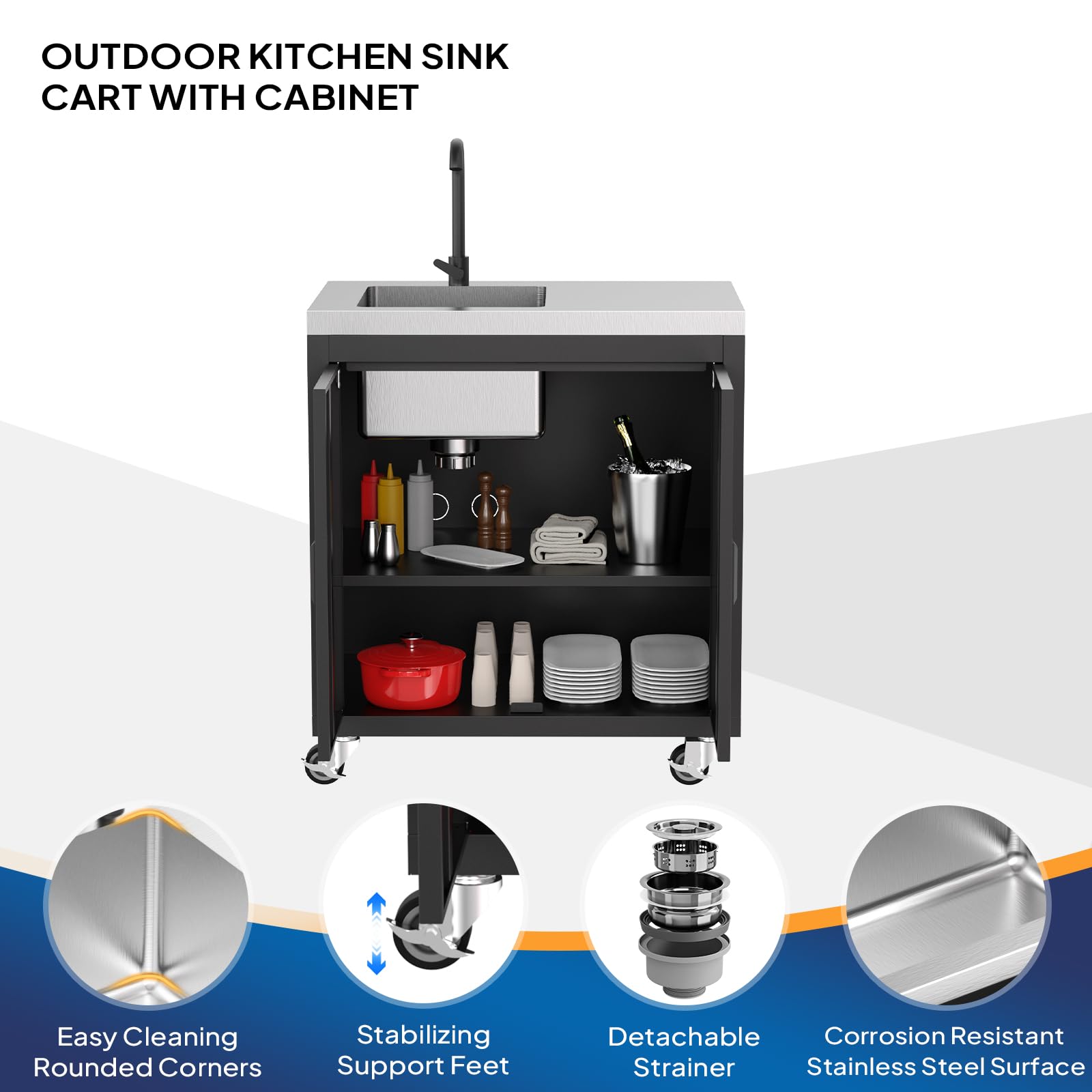 ROVSUN 35" x 20" Stainless Steel Utility Sink with Cabinet