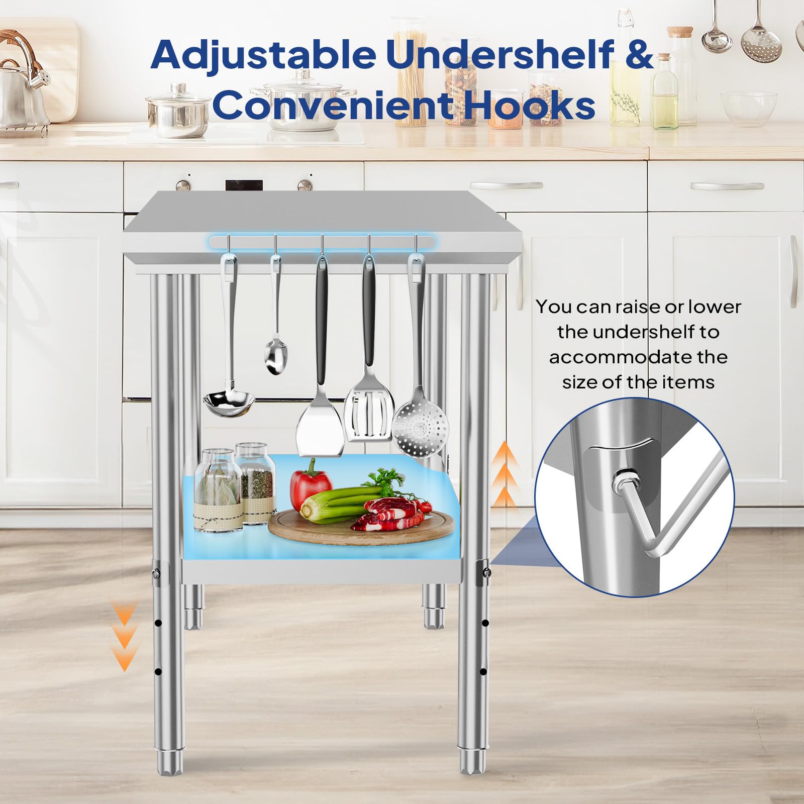 ROVSUN 48" x 24" Stainless Steel Table with Hooks & Undershelf