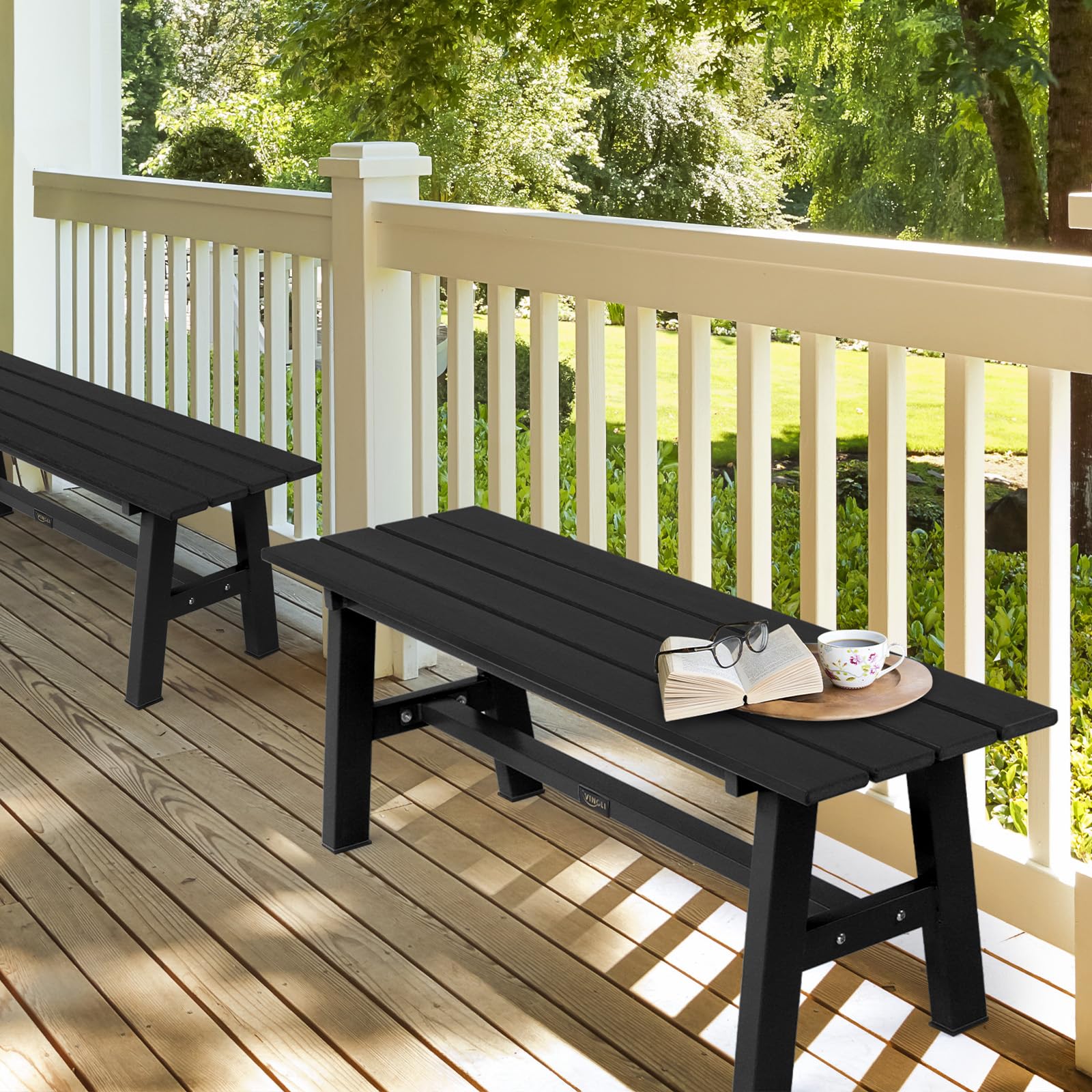 47" HDPE Outdoor Bench with Metal Legs Black